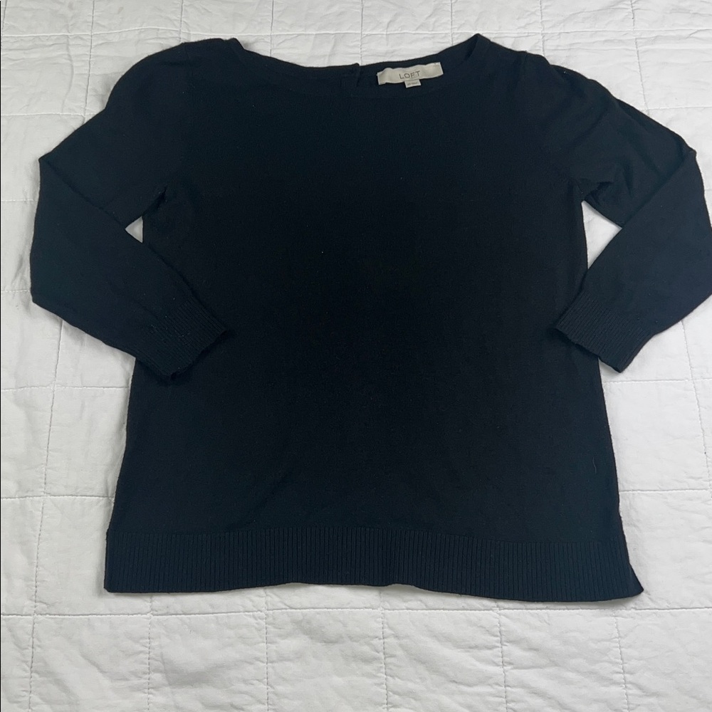LOFT black three-quarter sleeve button up‎ back wool blend sweat sweater size XS